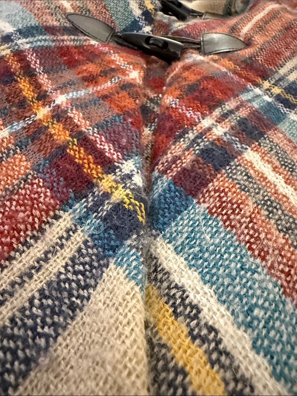 Plaid Toggle Poncho in Rust, Teal & Cream - Picture 4 of 14